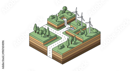 Isometric View of Sustainable Landscape with Wind Turbines and Greenery.