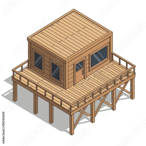Isometric Wooden House on Stilts with Deck and Railings.
