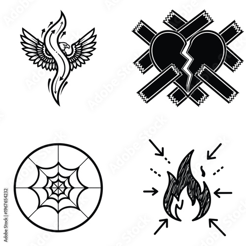 Vector illustration set: phoenix, taped broken heart, spider web, flame symbol, line art