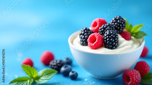 Fresh Greek yogurt in a white ceramic bowl topped with raspberries and blackberries on a bright blue background studio shot
