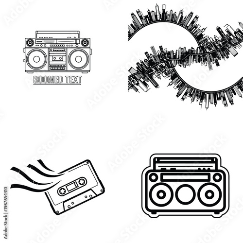 Retro music and urban skyline vector graphics with ghetto blaster with tape recorder with hip hop