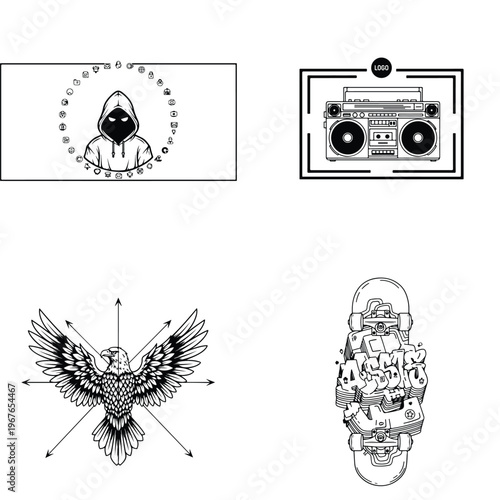 Set of street style vector graphics: hooded figure, boombox, eagle, skateboard, hip hop, old school
