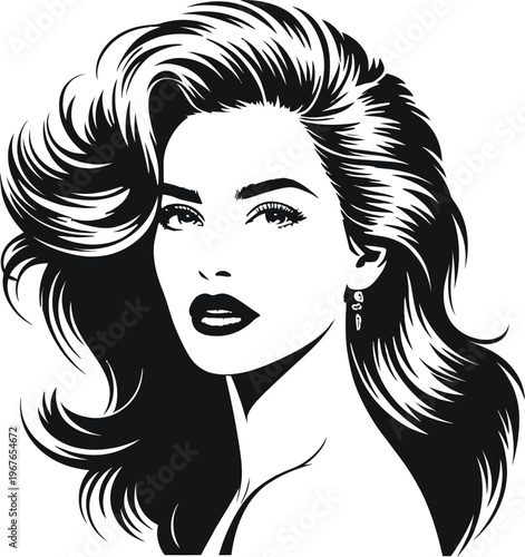 Vintage glamour woman portrait vector, elegant female face with voluminous wavy hair, retro beauty salon logo icon, black and white fashion illustration