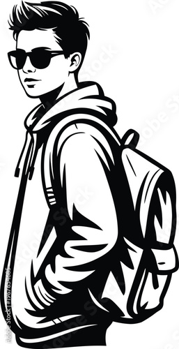 Minimalist black and white vector of a cool teenage boy wearing sunglasses and a hoodie, stylish young student with a backpack, urban youth lifestyle illustration