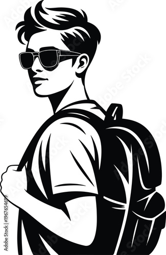 Stylized vector illustration of a young man with backpack and sunglasses, modern male student character portrait, black and white minimalist travel icon