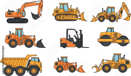 Set of heavy construction machinery vehicles including excavator, bulldozer, loader, forklift, dump truck and roller isolated on white background, industrial equipment illustration