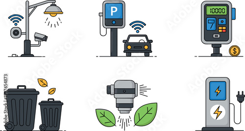 Smart city service icons set featuring surveillance camera, parking meter, payment kiosk, waste bins, irrigation system and electric charging station, modern urban technology concept illustration