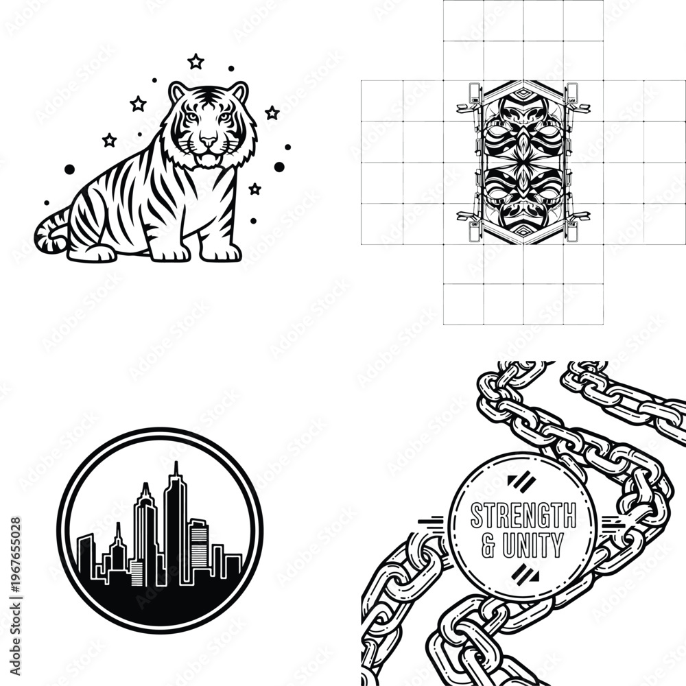 Fototapeta premium Urban grunge vector pack with tiger, skyline, chains, and ornate design, wild animal, graphic elemen