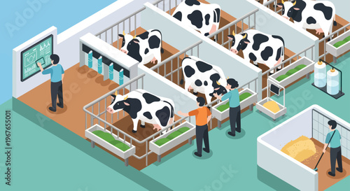 Modern Dairy Farm with Cows and Farmers Working Together.