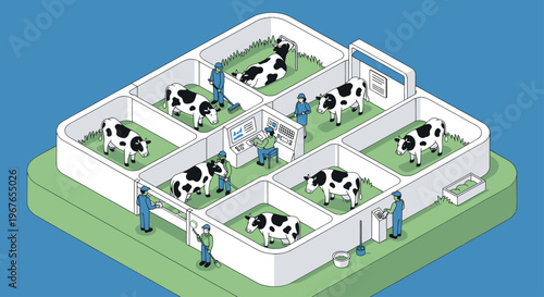 Modern Dairy Farm with Cows and Veterinarians in Enclosures.