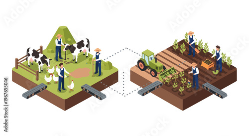 Modern Farming Practices Illustrating Livestock and Crop Production.