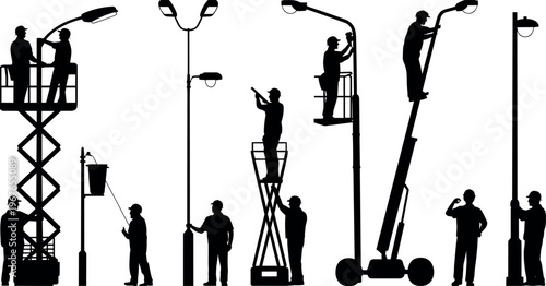 Street light maintenance worker silhouettes repairing installing lamp posts with lift equipment utility service technicians urban lighting vector illustration collection isolated