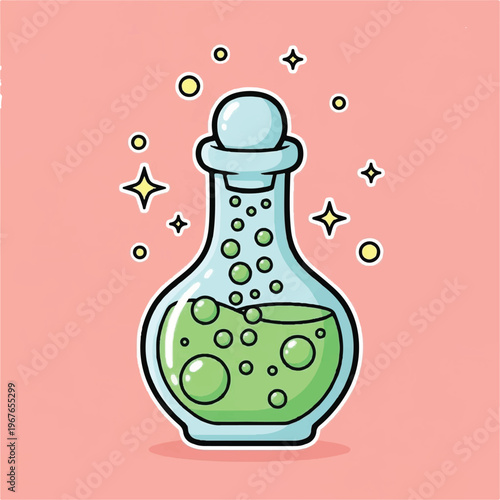 Green liquid in glass bottle.