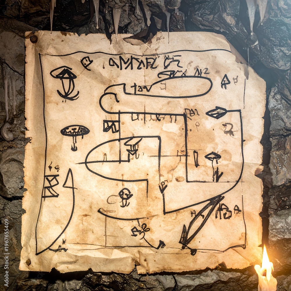 Obraz premium Ancient mystical parchment with cryptic symbols and glowing candles.