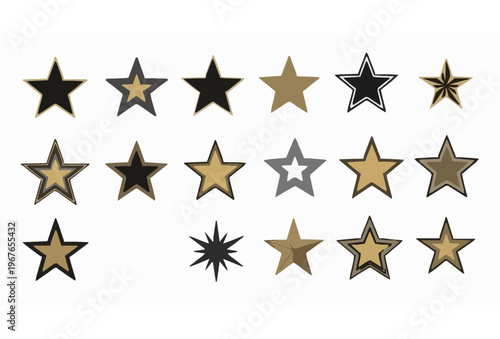 Decorative star icon set with hand drawn doodle and geometric styles for branding badges and awards