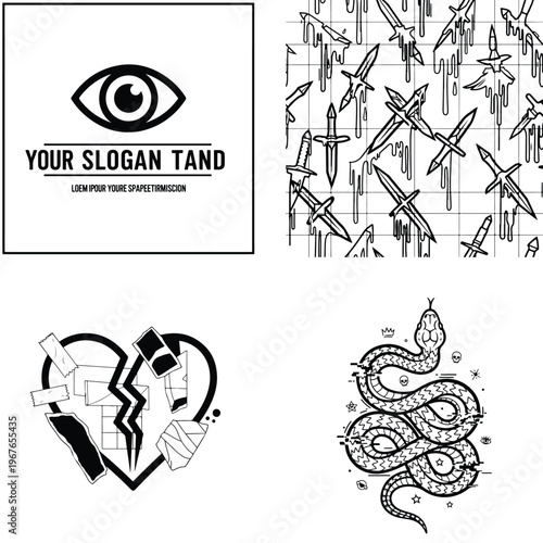 Abstract and symbolic vector illustrations with eye logo, shattered heart, snake, and swords