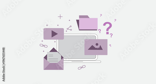 Digital content management vector illustration with laptop, media files, email, and folders, representing multimedia sharing, file organization, and online communication in modern cloud-based systems.