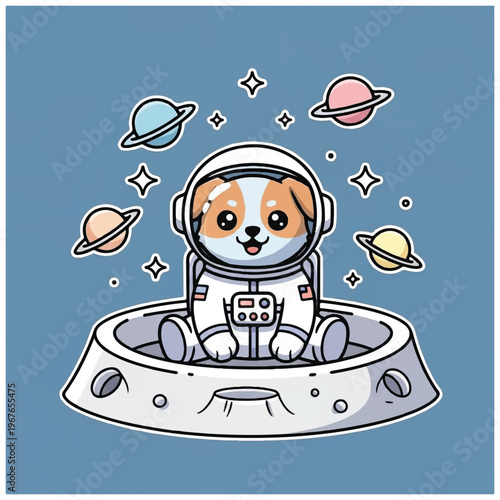 Corgi dog in space suit sitting.