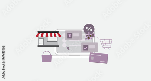 Ecommerce online shopping vector illustration with laptop store, product display, discount icons, and payment elements, representing digital marketplace, retail business, and modern online transaction
