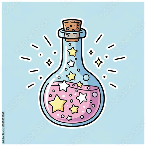 Magical potion in glass bottle.