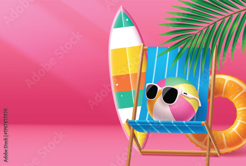 Summer Vacation Background with Surfboard Beach Chair Sunglasses Ball and Tropical Palm Leaves Vector