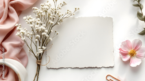 Blank torn edge paper card mockup with baby breath flowers, soft pink fabric, and delicate floral accents on a clean white background
