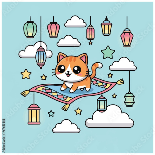 Cartoon orange cat on magic carpet.