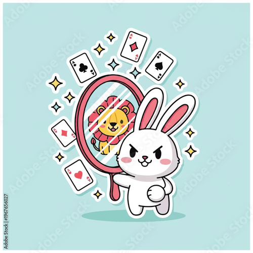 White rabbit holding a magic mirror.