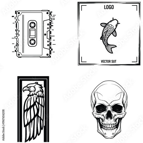 Retro, nature, and edgy vector art set: cassette, koi fish, eagle, skull, black and white, line art