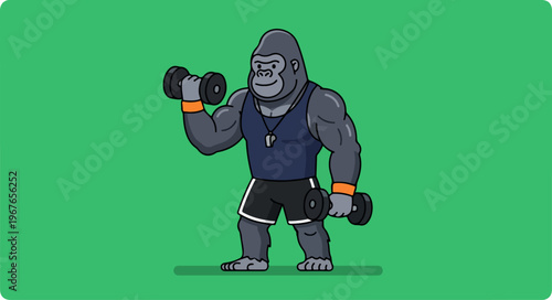 Strong gorilla cartoon character lifting dumbbells in a gym, showcasing fitness and healthy lifestyle.