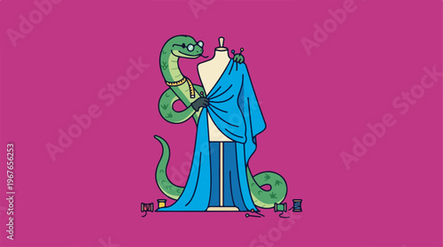 Stylized Snake and Mannequin with Blue Fabric on Pink Background.