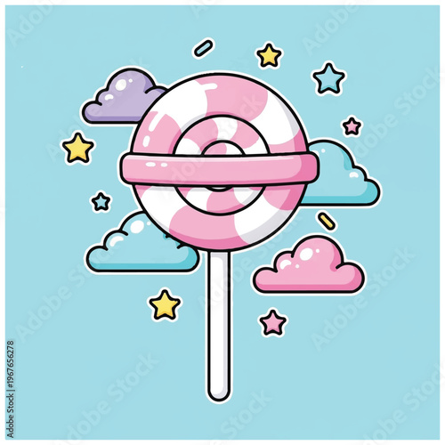 Colorful Pink White Lollipop on Stick.