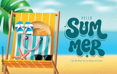 Hello Summer Background Vector with Beach Chair Striped Bag Summer Hat Sunglasses and Flip Flops