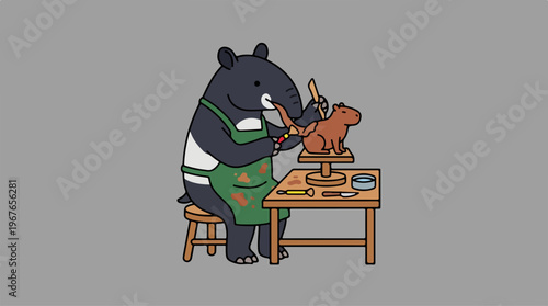 Tapir artist sculpting a capybara figure with precision and care.