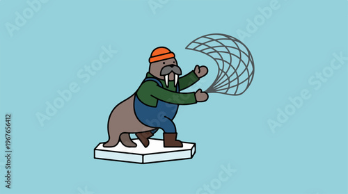 Walrus character catching something with a net.