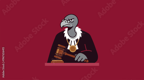 Vulture Judge Holding Gavel in Courtroom Setting.