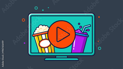 Watching movies at home with popcorn and soda on a dark background.