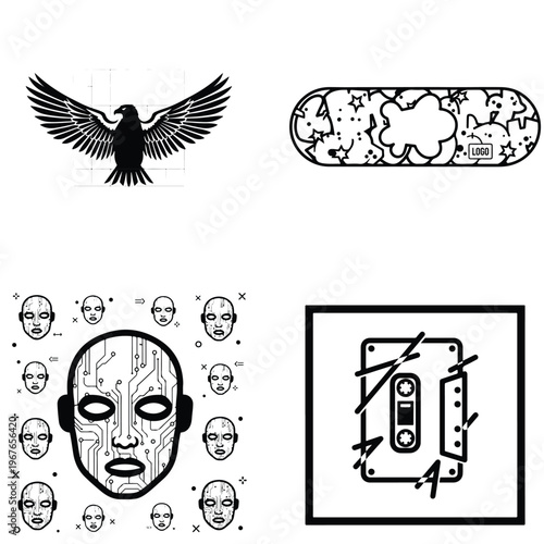 Urban graphic icon collection with eagle AI robot head and skateboard deck with line art