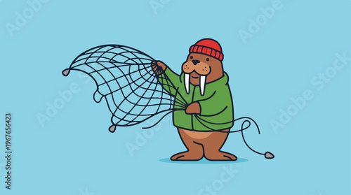 Walrus fisherman with net in a cartoon style.