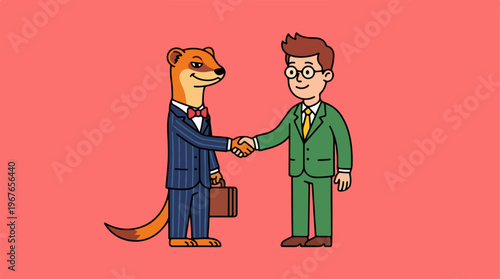 Weasel and man in suits shaking hands on a red background.