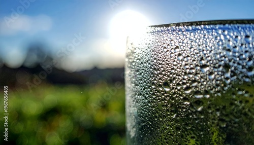 Close-up of a cold glass with condensation, sun shining in the background.
