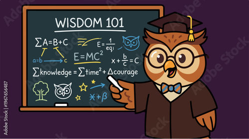 Wise Owl Professor Teaching Wisdom 101 Class on a Chalkboard.