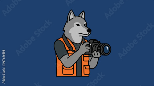 Wolf photographer in orange vest holding a camera, capturing moments with a keen eye and professional demeanor.