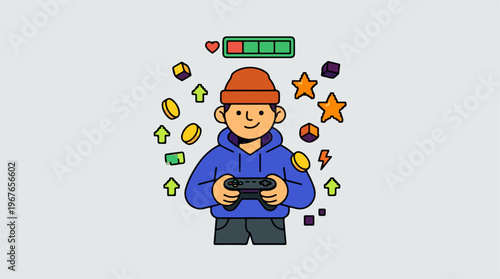 Young Gamer Playing Video Game with Controller and Game Elements.