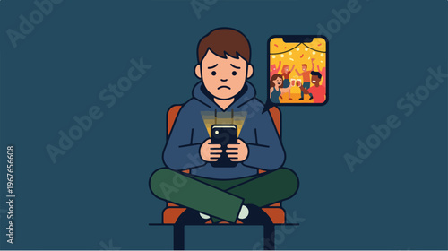 Young man engrossed in his smartphone, ignoring the movie playing on a screen nearby.