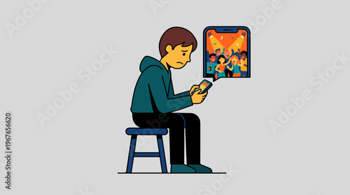 Young man engrossed in his smartphone, ignoring the vibrant social media feed displayed on a larger screen nearby.