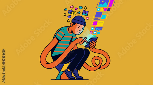 Young man engrossed in smartphone with digital content streaming out.