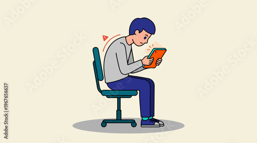 Young man with poor posture using a tablet while sitting on an office chair, illustrating the health risks of prolonged device use.