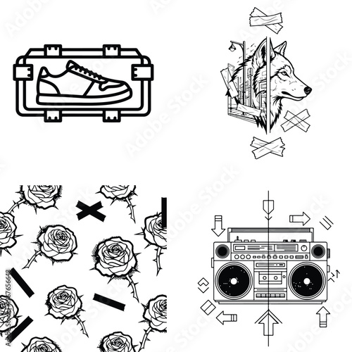 Vintage urban graphics set with boombox sneakers and wolf with hip hop