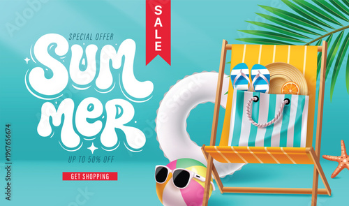 Summer Sale Banner Vector with Beach Chair Inflatable Ring Summer Hat Sunglasses and Tropical Leaves
